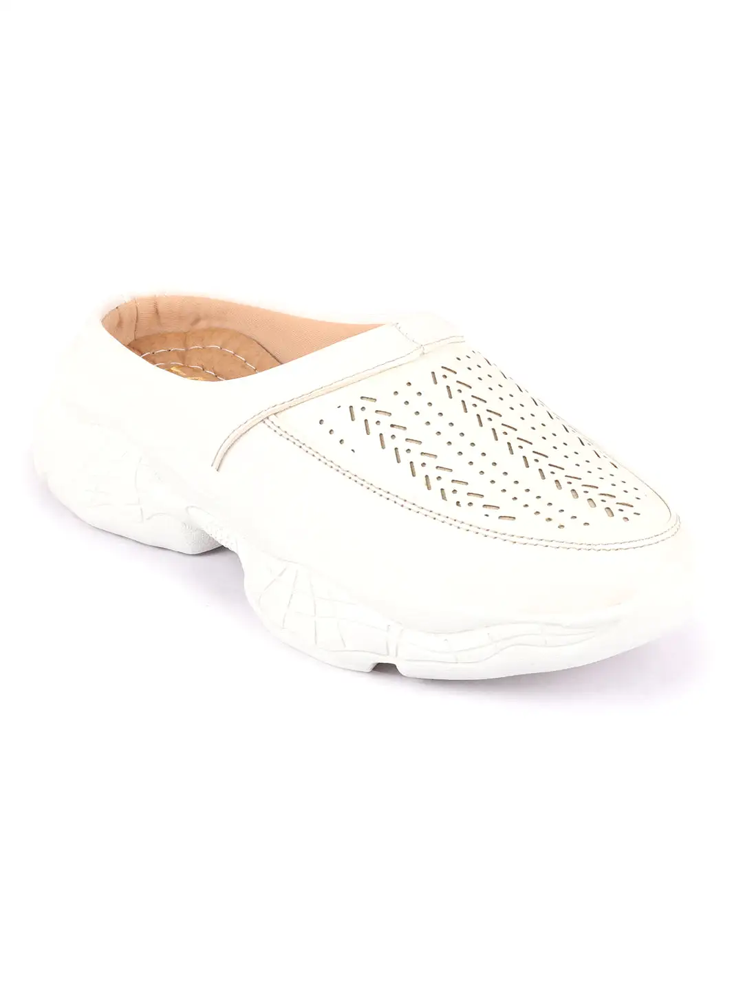 Women White Laser Cut Design Stitched Back Open Slip On Mules Shoes