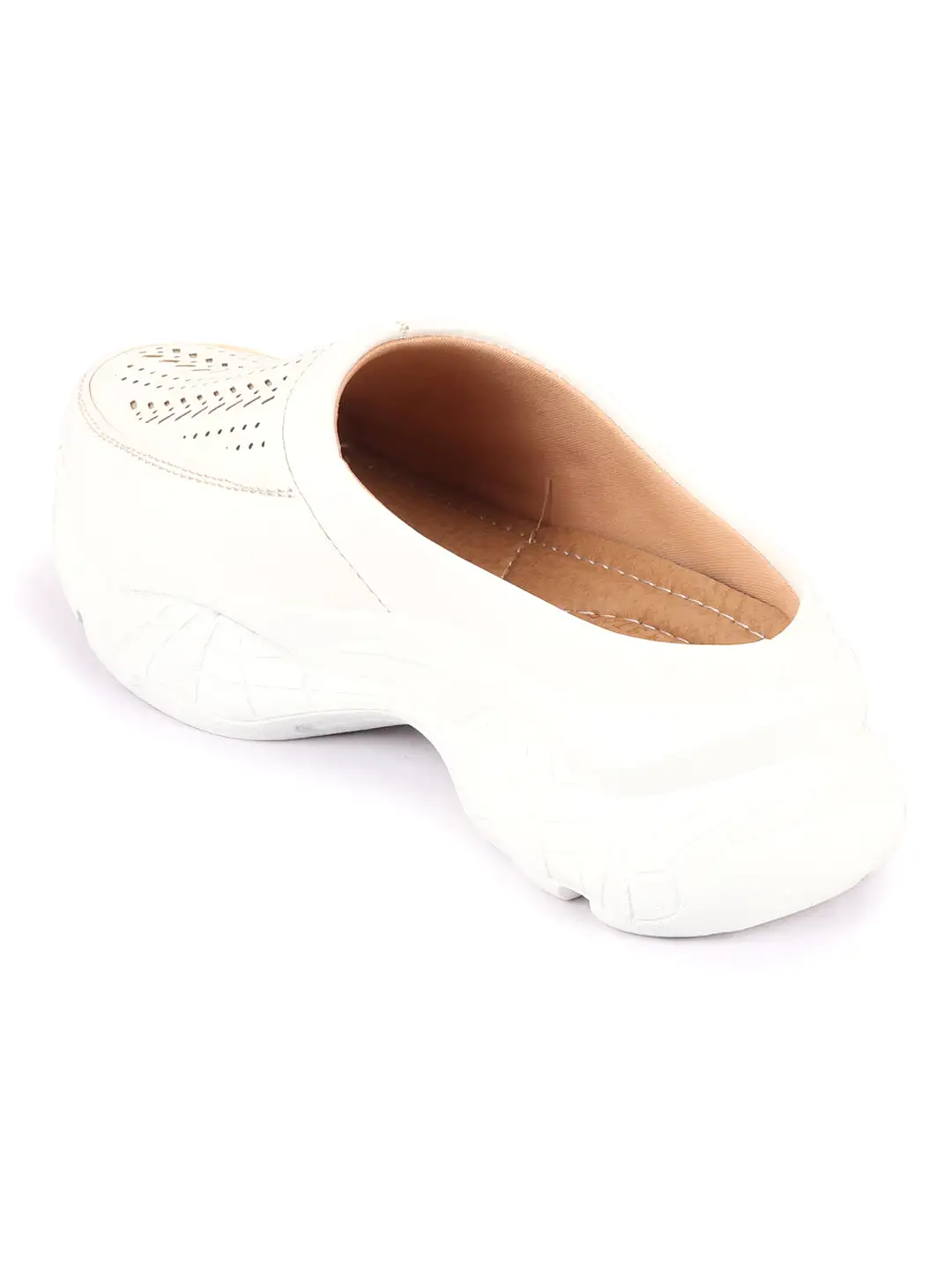 Women White Laser Cut Design Stitched Back Open Slip On Mules Shoes