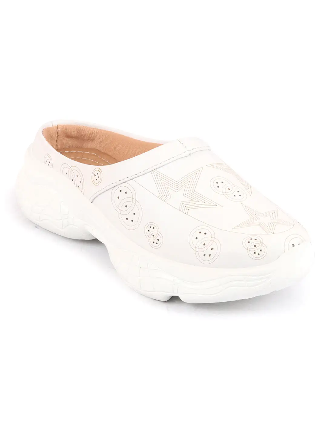 Women White Laser Cut Star Design Back Open Slip-On Mules Shoes