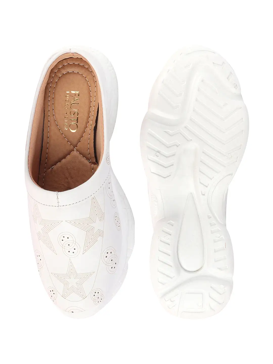 Women White Laser Cut Star Design Back Open Slip-On Mules Shoes