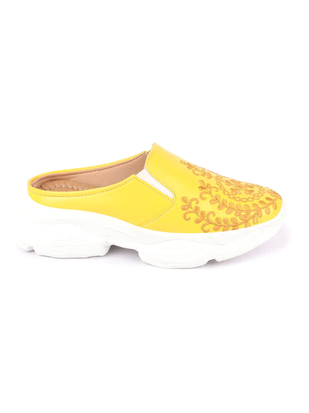 Women Yellow Floral and Leaf Print Embroidery Design Back Open Slip On Mules Shoes