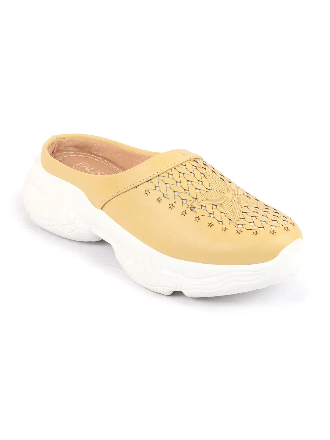 Women Yellow Laser Cut Design Stitched Back Open Slip-On Mules Shoes